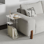HMYHUM Acrylic C-Shaped End Table, 3-Tier Clear Side Table for Couch, Living Room, Bedroom, Small Spaces, 15.5''L x 11.6''W x 25''H, Woven Rattan Interlayer