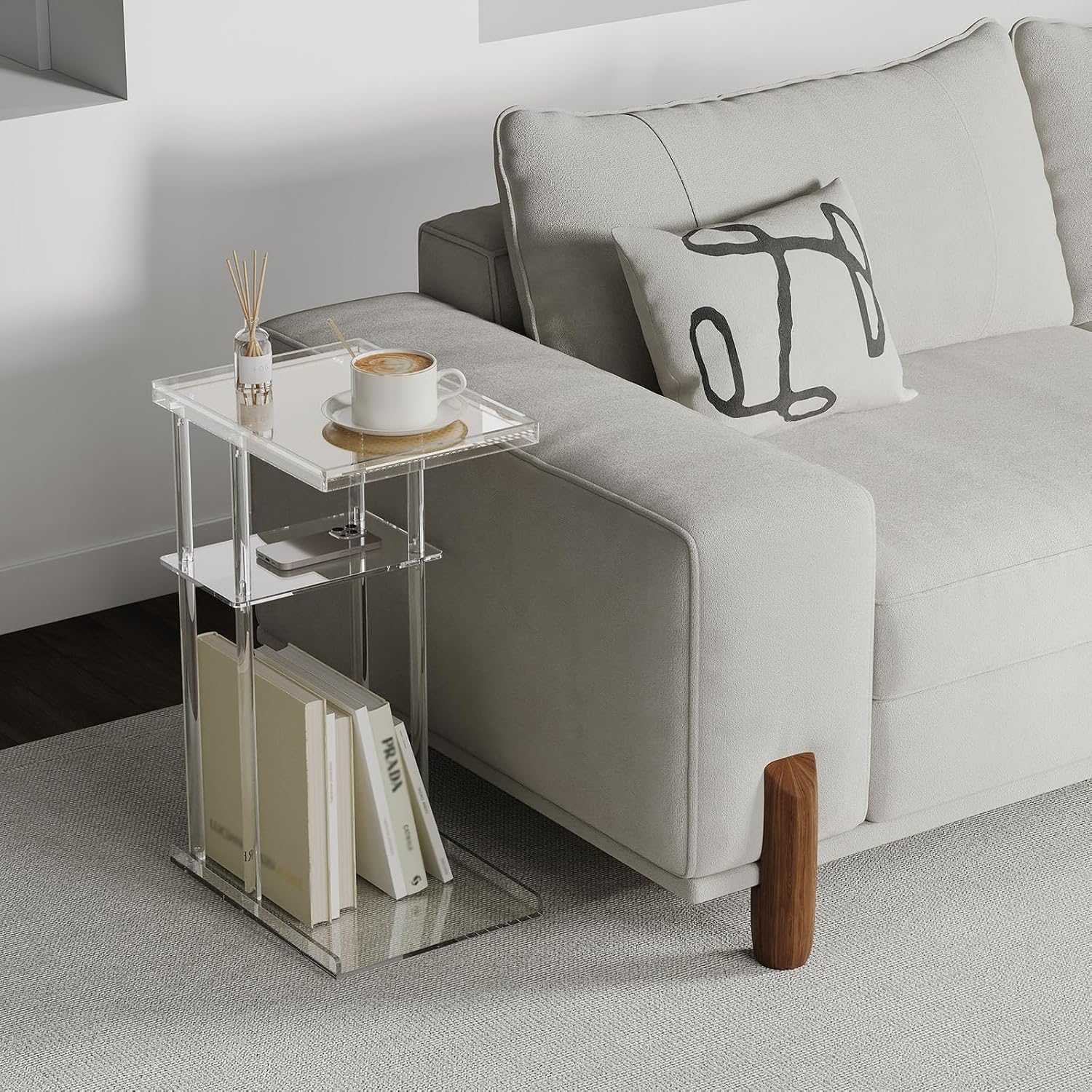 HMYHUM Acrylic C-Shaped End Table, 3-Tier Clear Side Table for Couch, Living Room, Bedroom, Small Spaces, 15.5''L x 11.6''W x 25''H, Woven Rattan Interlayer