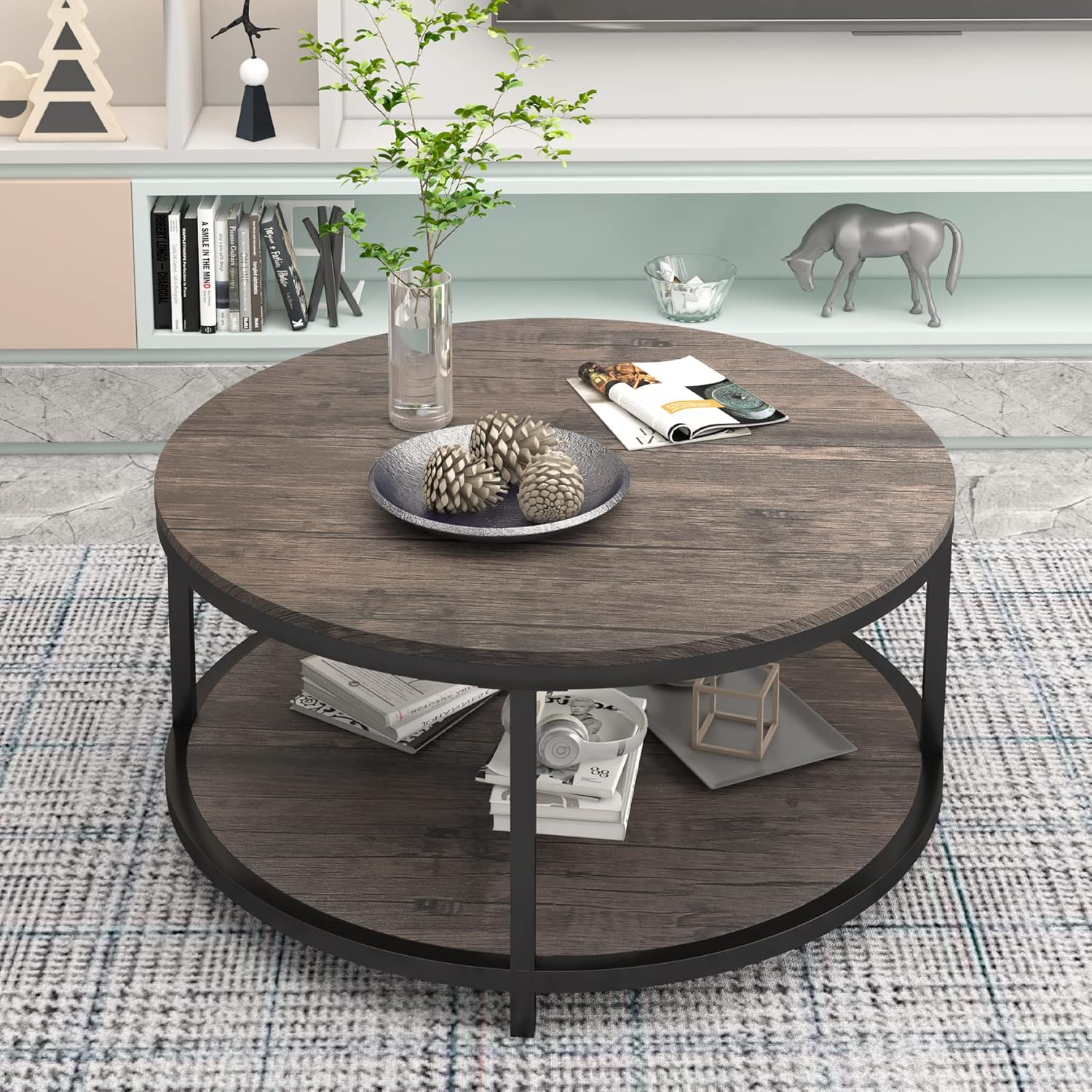 NSdirect Round Coffee Table,36" Coffee Table for Living Room,2-Tier Rustic Wood Desktop with Storage Shelf Modern Design Home Furniture(Light Walnut)