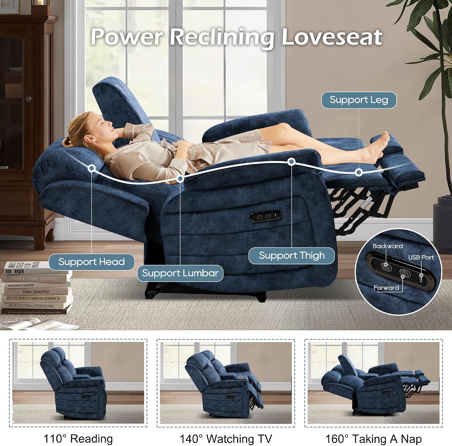 Power Zero Gravity Reclining Loveseat with Adjustable Headrest, Double Reclining Loveseat with Console, Power Loveseat Recliner with USB & Type-C Ports for Living Room (Blue)
