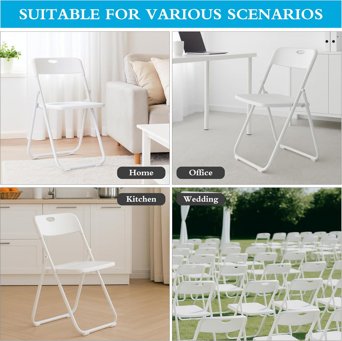 10 Pack White Plastic Folding Chairs, Lightweight Foldable Chair | 300lb Capacity Metal Frame Portable Stackable Commercial Seat for Party Events Wedding Office Picnic Indoor Outdoor