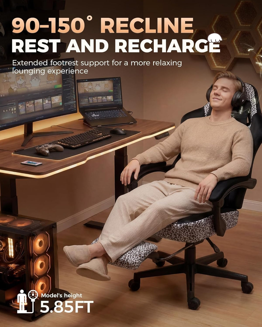 GTPLAYER Gaming Chair with Leopard Print Cat, Cute Velvet Fabric Ergonomic Office Chair with Footrest Headrest and Lumbar Support, Big and Tall Comfortable Video Gamer Chair for Women Gift