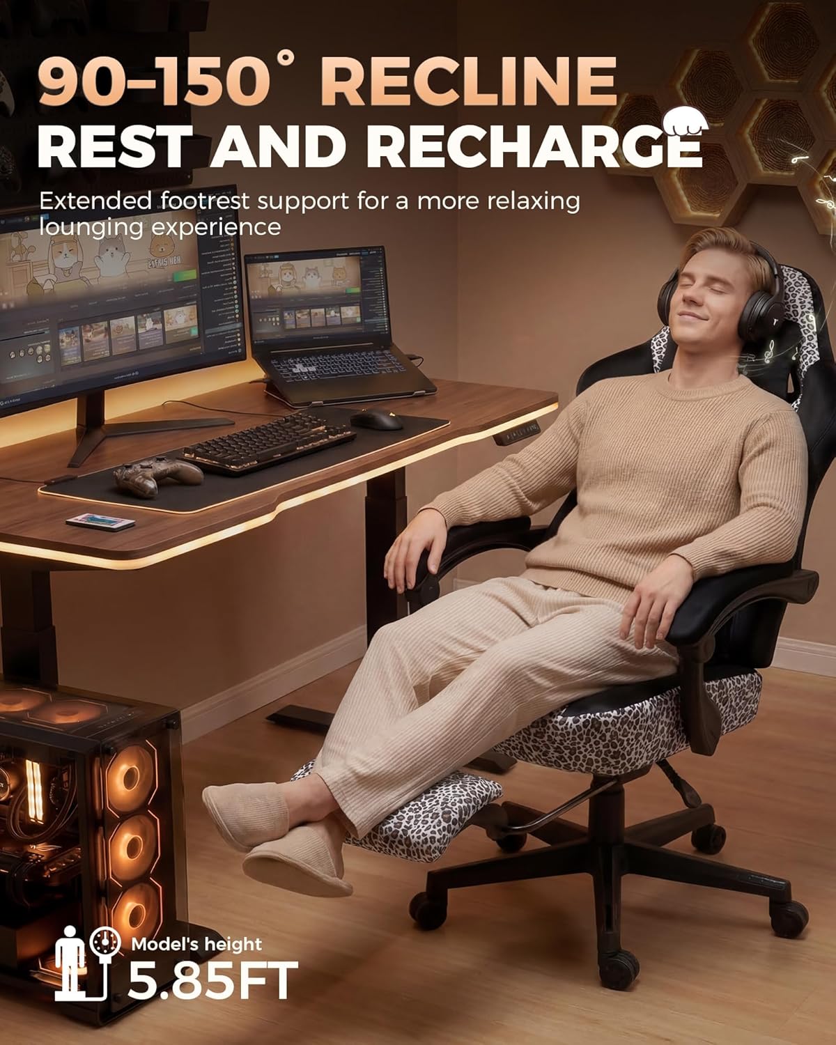 GTPLAYER Gaming Chair with Leopard Print Cat, Cute Velvet Fabric Ergonomic Office Chair with Footrest Headrest and Lumbar Support, Big and Tall Comfortable Video Gamer Chair for Women Gift