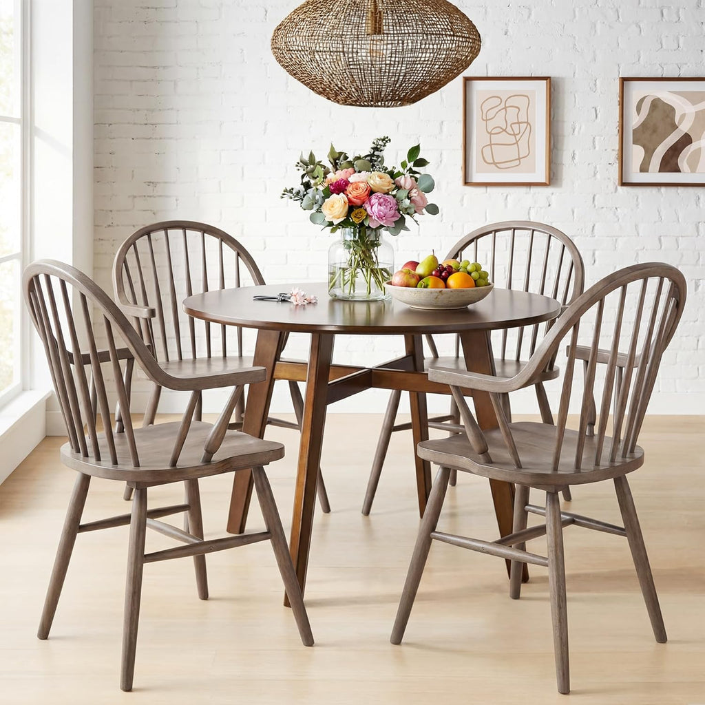 DUHOME Windsor Dining Chairs Set of 2, Solid Wood Spindle Curve Back Chairs with Arms, Farmhouse Mid Century Modern Chairs for Kitchen, Dining Room, Restaurant, Cafe & Hotel