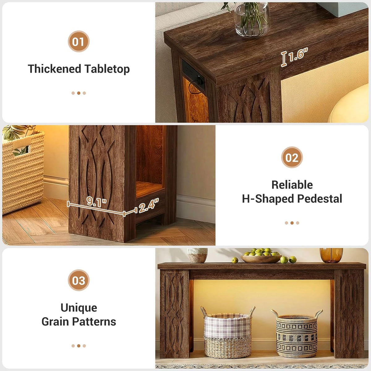 Cyclysio 63" Console Table with Outlet, Farmhouse Entryway Table with Colorful LED Lights, Wooden Sofa Table with Unique Carved Design, Foyer Accent Table for Entrance, Hallway, Living Room