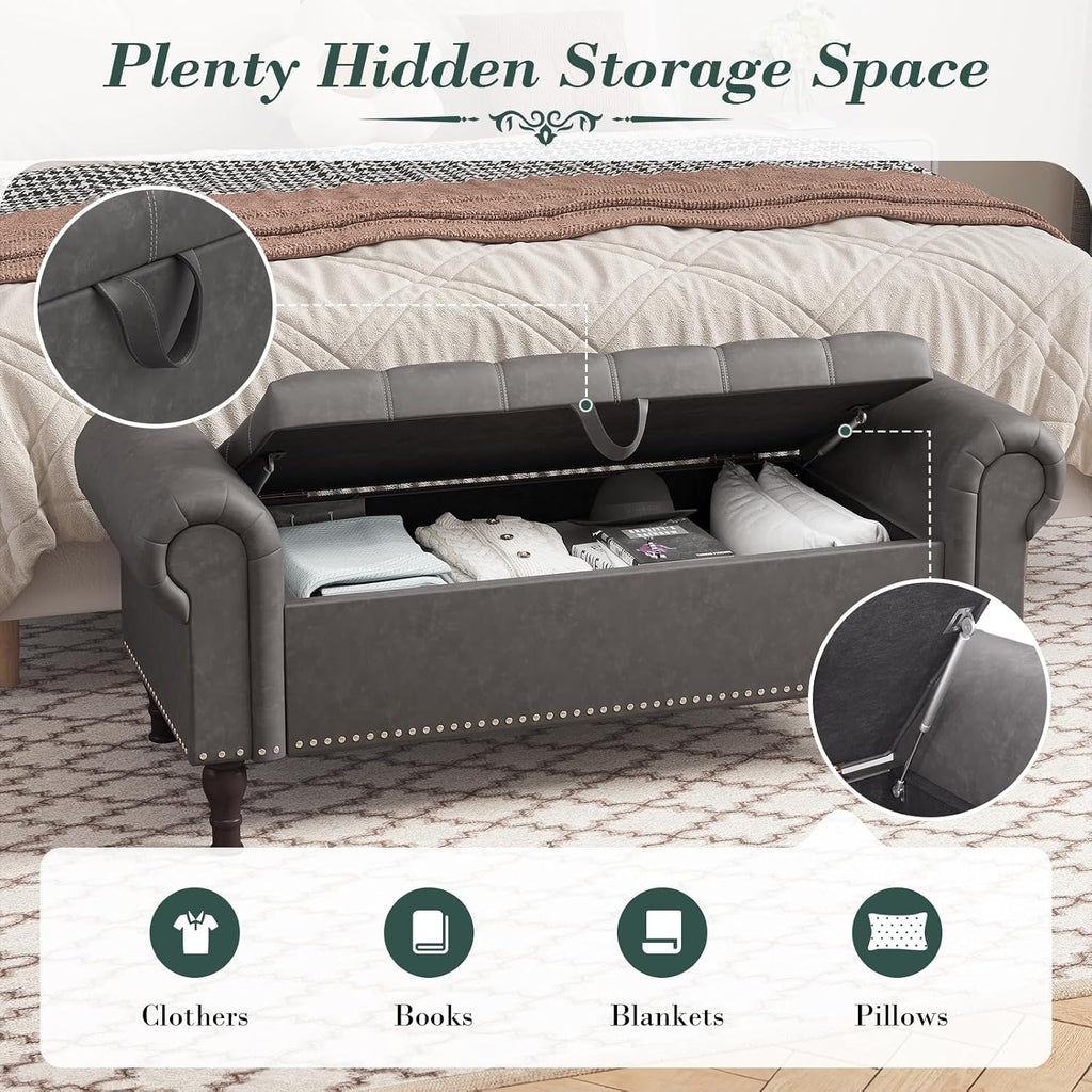 Apicizon 51” Bench with Storage, Upholstered Tufted Button Bedroom Bench with Storage, Faux Leather End of Bed Bench with Rolled Arms, Storage Ottoman Bench for Bedroom, Living Room, Entryway, Gray