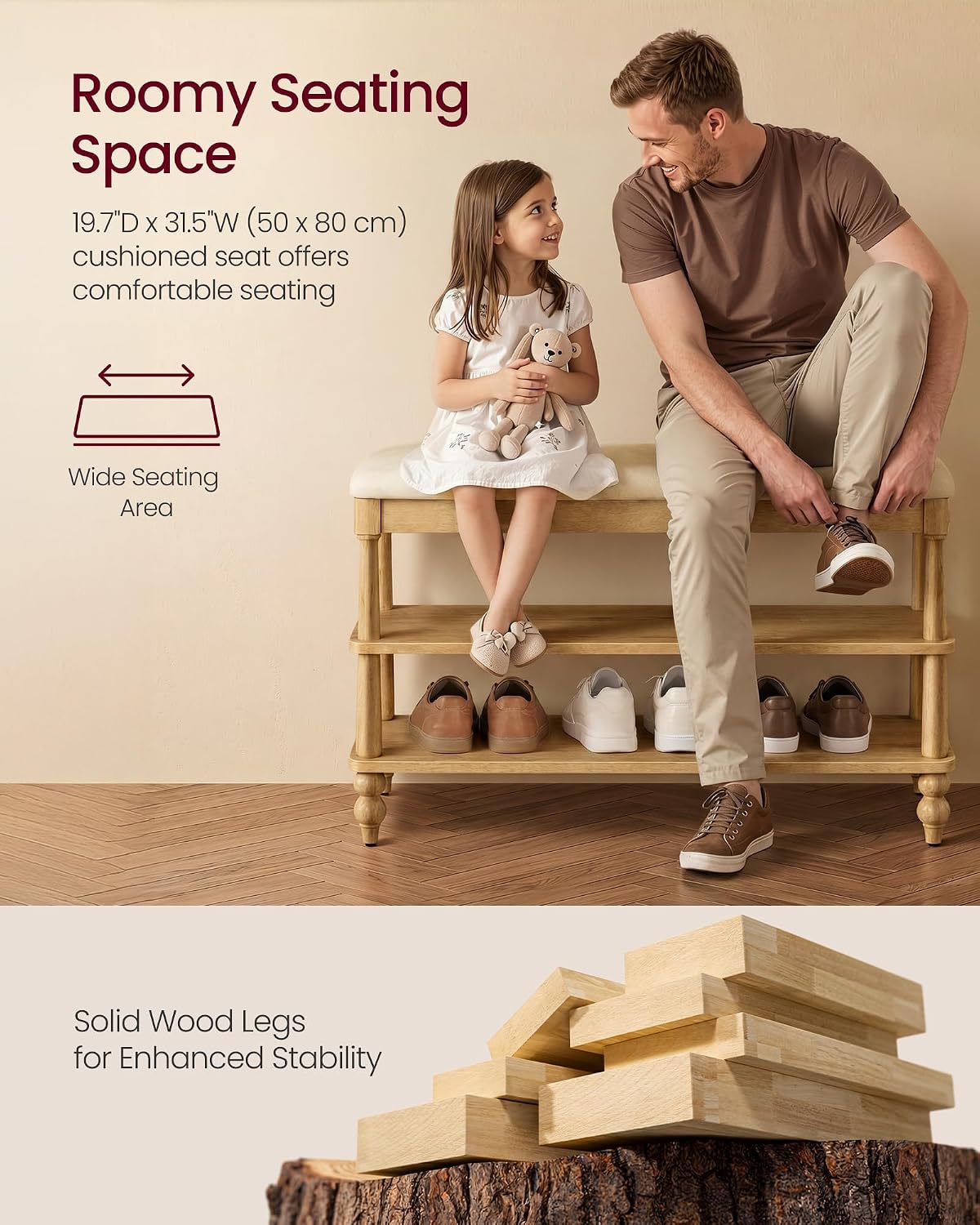 VASAGLE Mariel Collection - Shoe Bench, Wooden Entryway Bench with Padded Seat, 2-Tier Shoe Storage Rack, 31.5 x 11.6 x 19.7 inches, for Entryway and Bedroom, Natural Brown ULSB180K101S