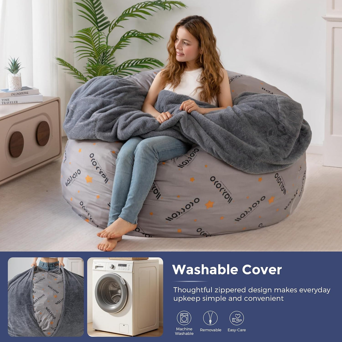 MAXYOYO Bean Bag Chair, Soft Bean Bag Sofa with Supportive Foam Filling | Plush Bean Bag Sofa with Supportive Foam Filling, Floor Sofa Seat with Side Pocket and Washable Cover, Dark Grey, 3FT
