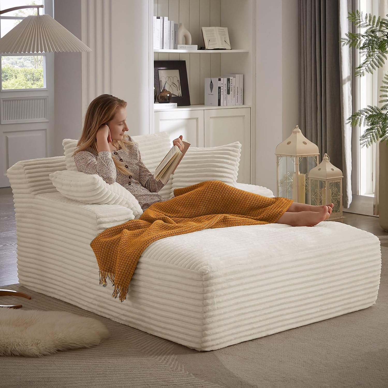 HRVEOCEI 67" Chaise Lounge Indoor, Oversized Chaise Lounge Chair with 3 Comfy Pillows for Living Room Bedroom, Wide Arms Corduroy Fabric High-Density Foam No Assembly Required (White)