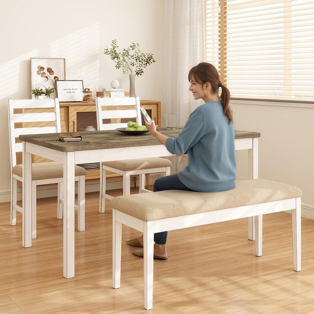 ROCSUMOO 6 Piece Farmhouse Dining Table Set of 6 with 4 Chairs & 1 Bench | 59" Rectangular Kitchen Table Set with Old Design, Farmhouse White Dinner Room Set Solid Wood Stable Space Saving