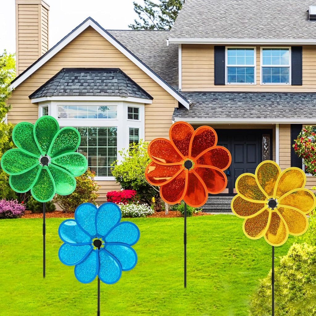 4PCS Flower Wind Spinner Sparkly Lawn Pinwheel 11.8 inch Colorful Green Yellow Orange Light Blue Garden Windmill for Garden, Party, Outdoor, Yard Decor