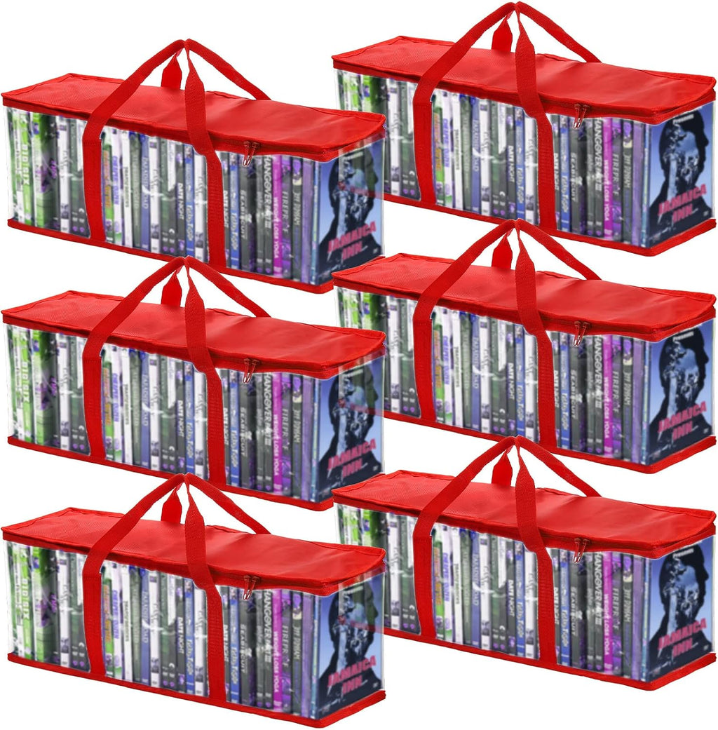 Fasmov 6 Pack DVD Storage Bags Hold up to 240 DVDs (40 Each Bag), Water Resistant DVD Holder Case with Handles, Transparent PVC Media Storage for DVDs, CDs, Video Games, Books, Red