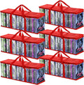 Fasmov 6 Pack DVD Storage Bags Hold up to 240 DVDs (40 Each Bag), Water Resistant DVD Holder Case with Handles, Transparent PVC Media Storage for DVDs, CDs, Video Games, Books, Red