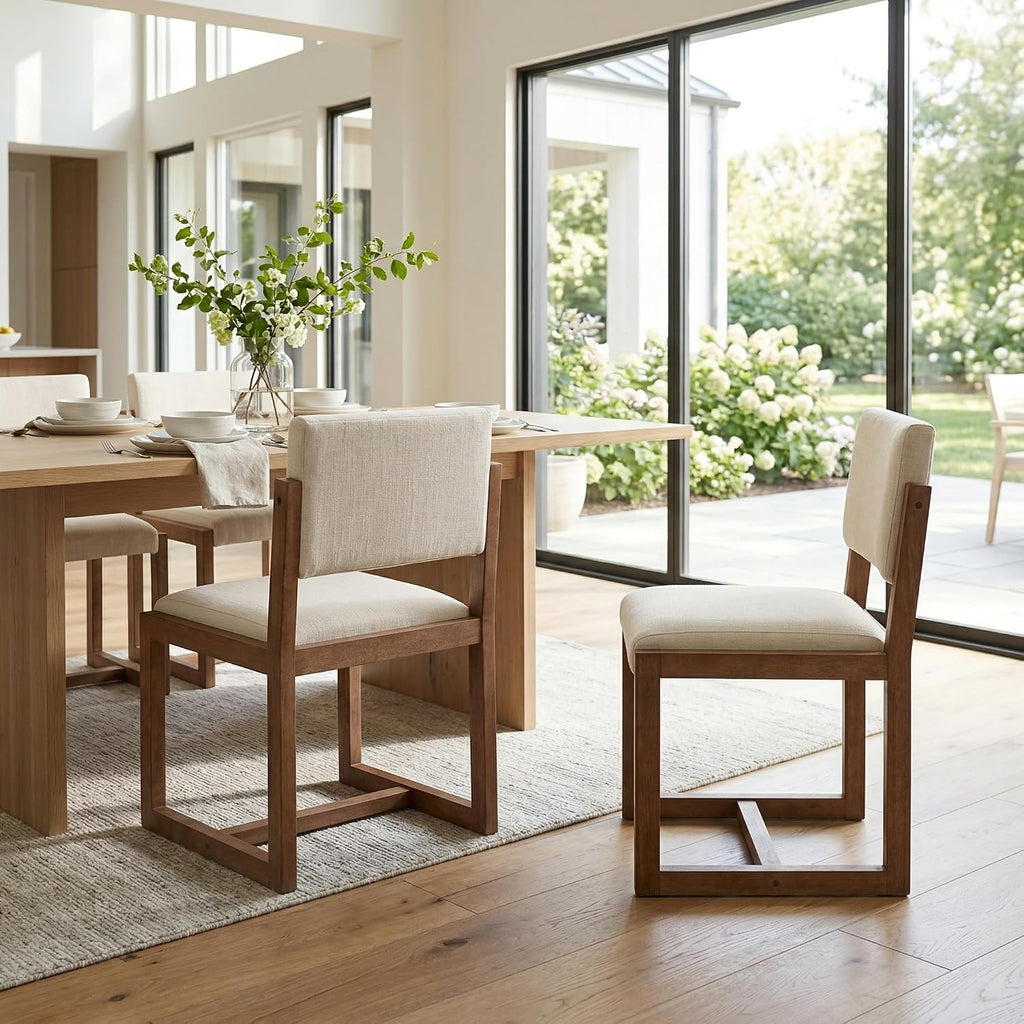 DUOMAY Upholstered Dining Chairs Set of 4, Mid-Century Modern Dining Room Chairs, Linen Fabric Kitchen Side Chairs with Wood Legs, Beige