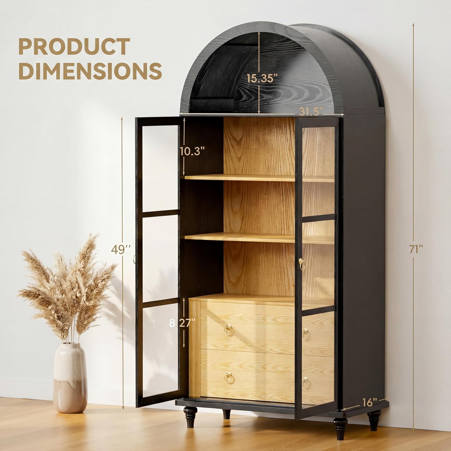 YESHOMY Kitchen Pantry Cabinet, 71" Arched Storage Cabinets Tall Pantry, Bookshelf, with Large Drawers, Shelves and Glass Doors, Farmhouse Cupboard, for Living Room, Dining Room(Textured Black)