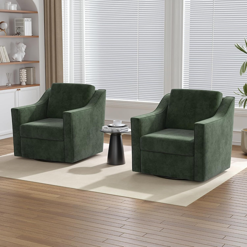 Swivel Accent Chairs Set of 2, 360° Swivel Armchairs with Deep Seat, Green | Soft Chenille | Ergonomic Supports Lumbar | Metal Swivel Base | Deep Padded Seat for Reading & Relaxing, Living room