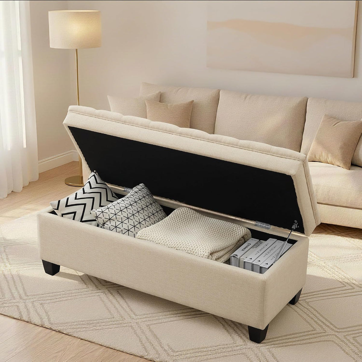 50" Storage Ottoman Bench, Rectangular End of Storage Bench, Upholstered Large Fabric Tufted Ottoman with Storage for Living Room, Bedroom, Entryway,Khaki