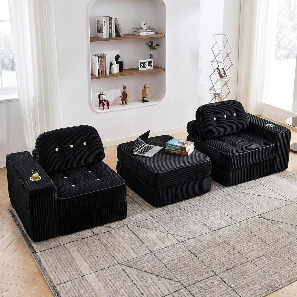 Folding Futon Sleeper Sofa Bed Chair, No Assembly, Black 3 | Dual-layer flannel corduroy| Anti-collapse foam| Pillow and blanket included| Side pockets| Ergonomic for lounging