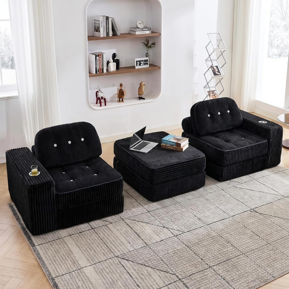 Folding Futon Sleeper Sofa Bed Chair, No Assembly, Black 3 | Dual-layer flannel corduroy| Anti-collapse foam| Pillow and blanket included| Side pockets| Ergonomic for lounging