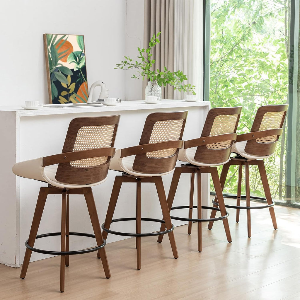 Mid Century Modern Counter Stools, Rattan Swivel Counter Stools with Back | Natural Bentwood Frame, Rattan Back, Walnut Finish, Faux Leather Upholstered Seat, Counter Chairs for Island, Kitchen, Cafe