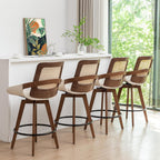 Mid Century Modern Counter Stools, Rattan Swivel Counter Stools with Back | Natural Bentwood Frame, Rattan Back, Walnut Finish, Faux Leather Upholstered Seat, Counter Chairs for Island, Kitchen, Cafe