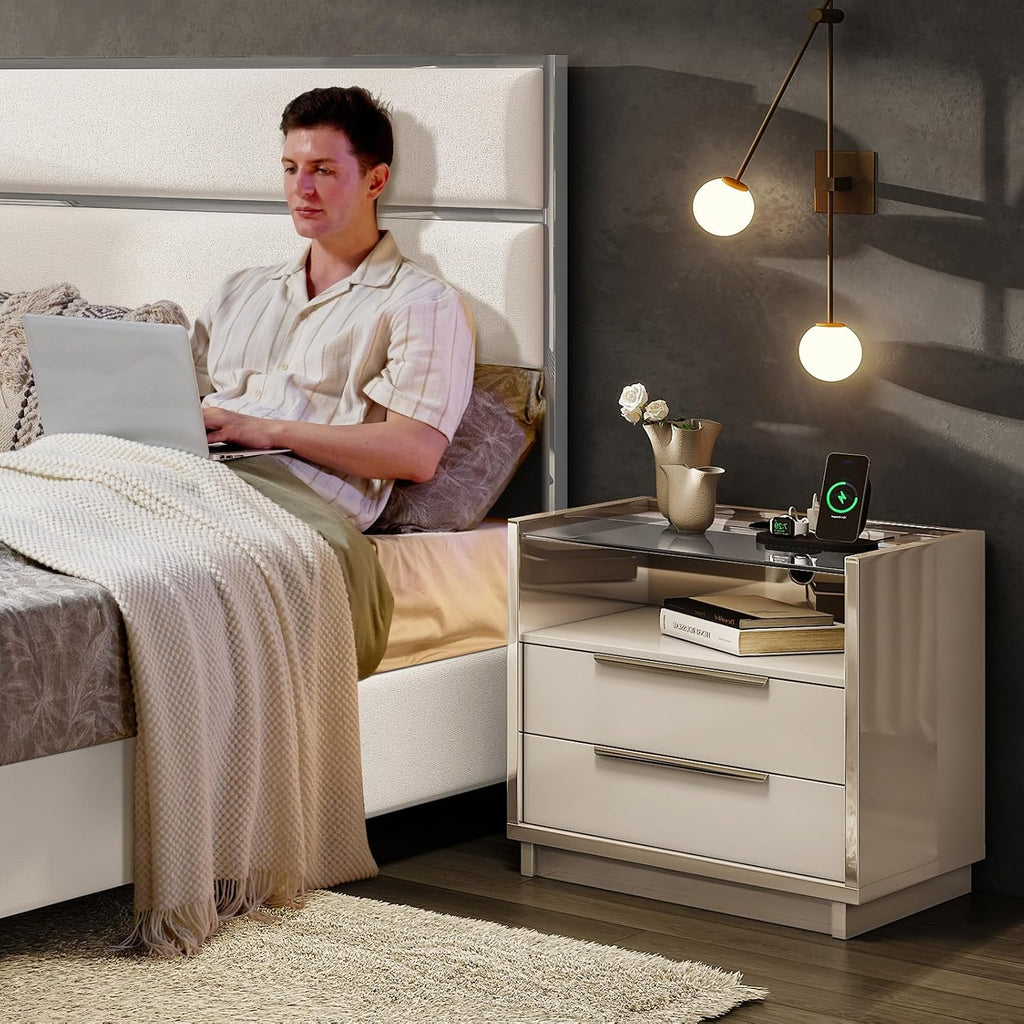 AMERLIFE 23.6" Nightstand Set of 2, Modern Bedside Table, Cream & Grey | High Gloss End Table, Night Stand with Charging Station, 2 Drawers & Open Shelf, Glass Top, Easy Assembly, Bedroom Storage