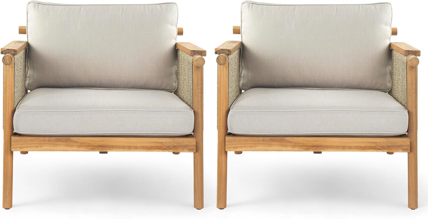 Merax Outdoor Acacia Wood Lounge Chair w/Cushions Set of 2, Patio Club Chair with Rope & Sturdy Wood Legs, All-Wearther Singe Sofa Chair for Porch, Lawn, Backyard, Balcony, Teak+ Beige