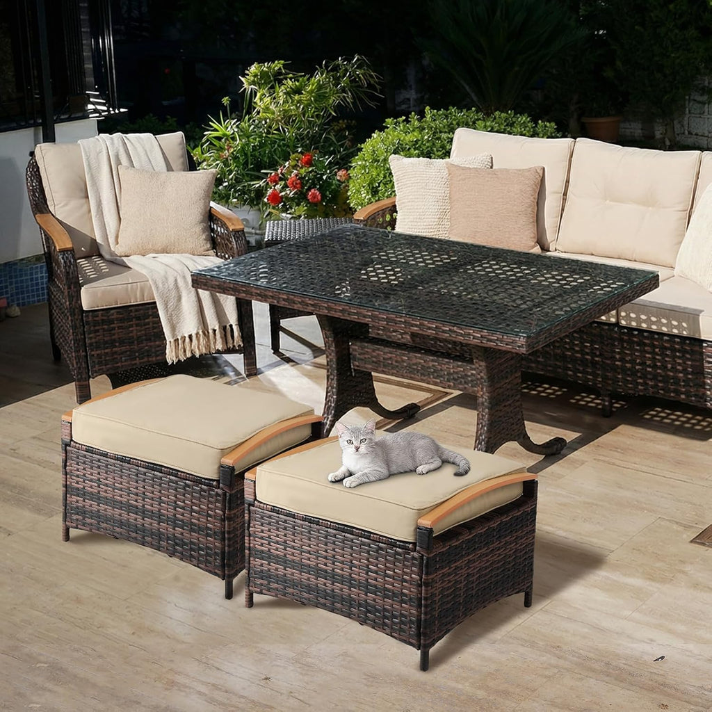 VINGLI 2 Pieces Rattan Ottoman with Storage, Wicker Patio Furniture w/Removable Cushion, Multipurpose Footrest Stool for Outdoor (Brown)