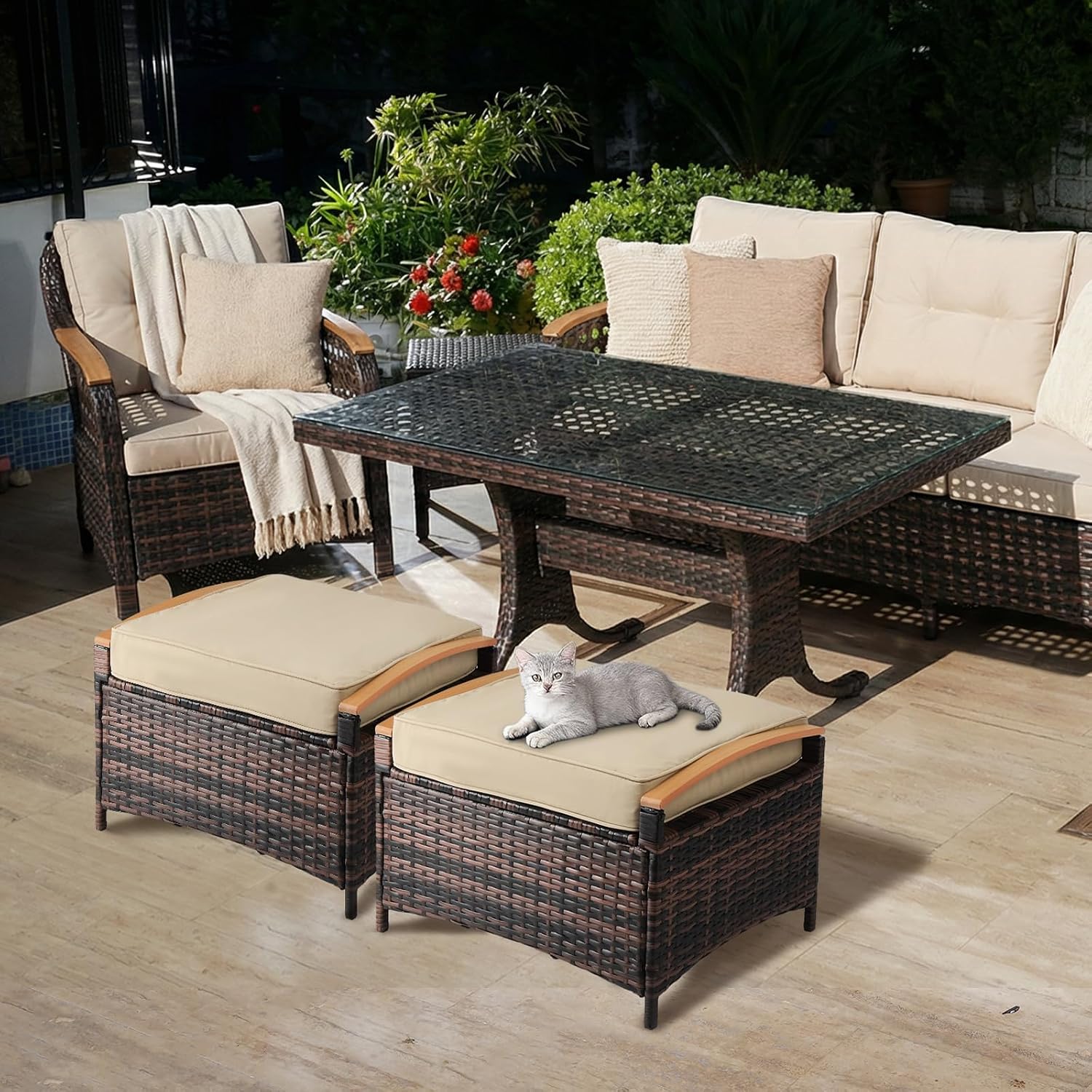 VINGLI 2 Pieces Rattan Ottoman with Storage, Wicker Patio Furniture w/Removable Cushion, Multipurpose Footrest Stool for Outdoor (Brown)