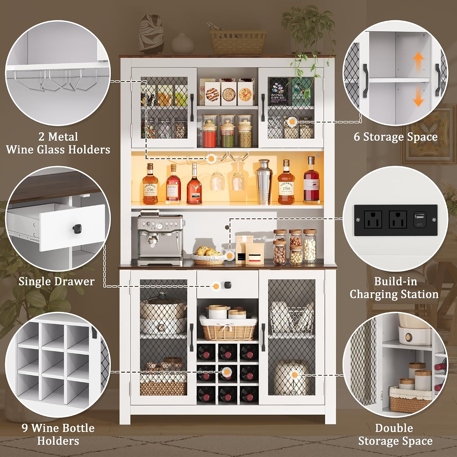 70.9" Farmhouse Kitchen Hutch Cabinet with Charging Station, 2 AC Outlets & 2 USB Ports, Built-in Wine Rack for 9 Bottles, Stemware Holder & LED Light, Freestanding Pantry Storage Cabinet (White)