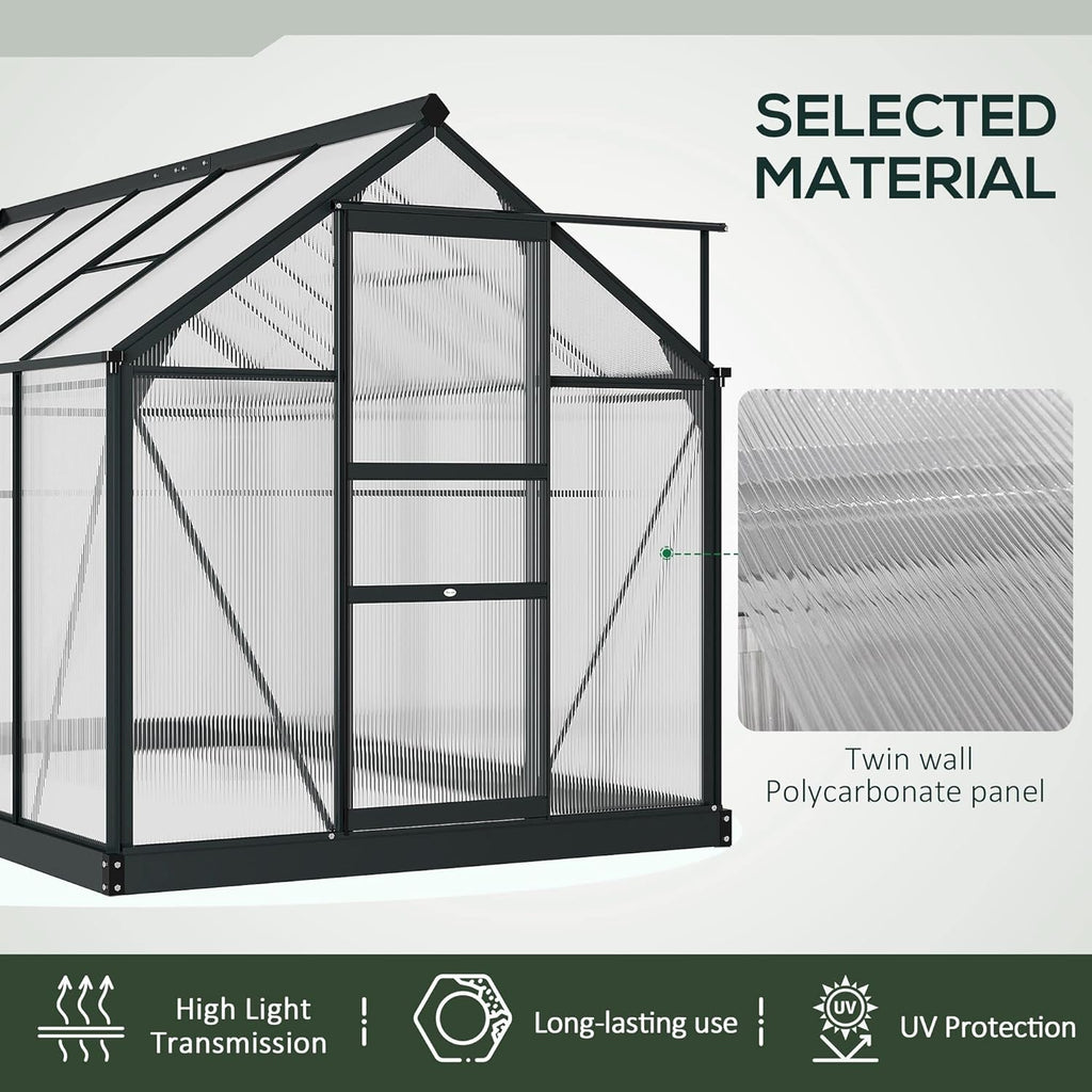 Outsunny 6' x 10' Greenhouse for Outdoors, Polycarbonate Greenhouse with Rain Gutter and Roof Vent, Aluminum Walk-in Green Houses for Outside for Patio Backyard Garden, Gray