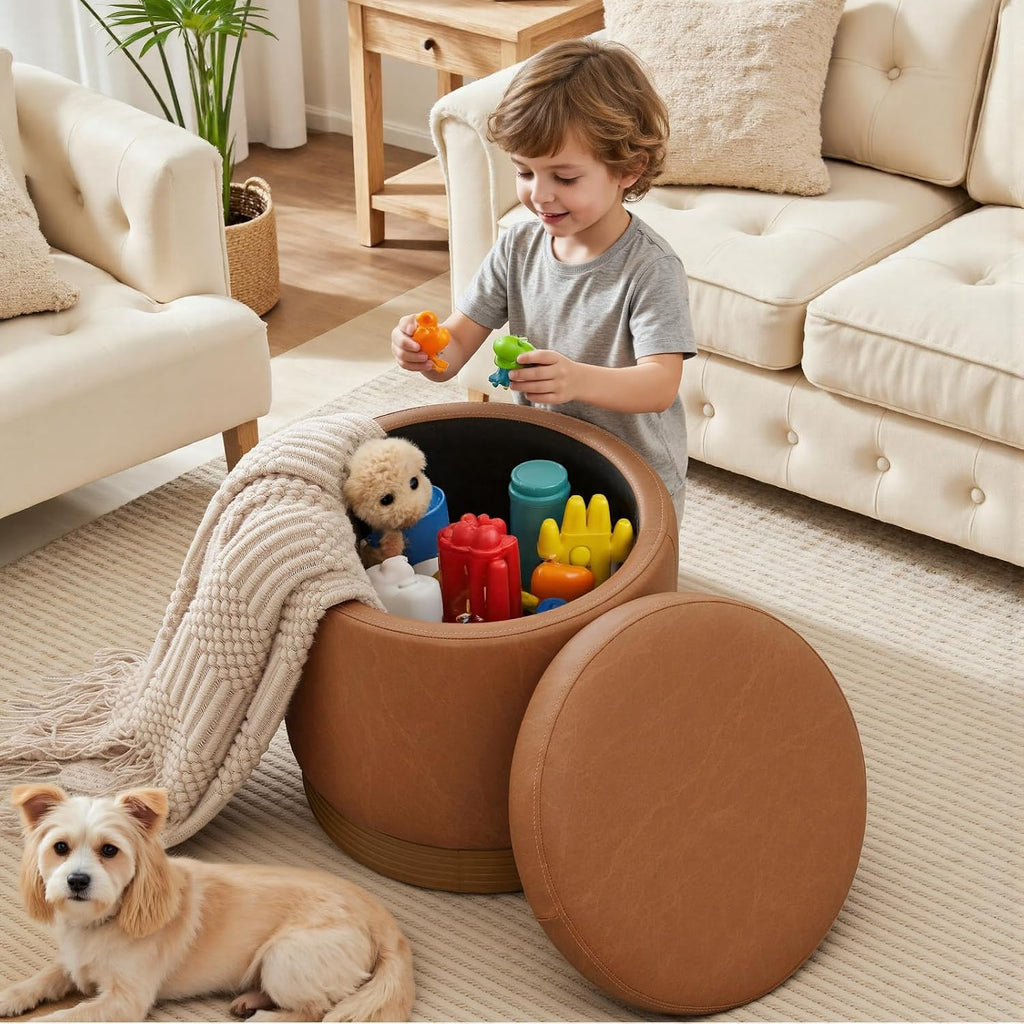 19" Round Swivel Storage Ottoman with Tray Top, Upholstered Faux Leather Foot Stool with Solid Acacia Wood Base 500 lbs Modern Accent Footrest for Living Room & Bedroom Fully Assembled Brown