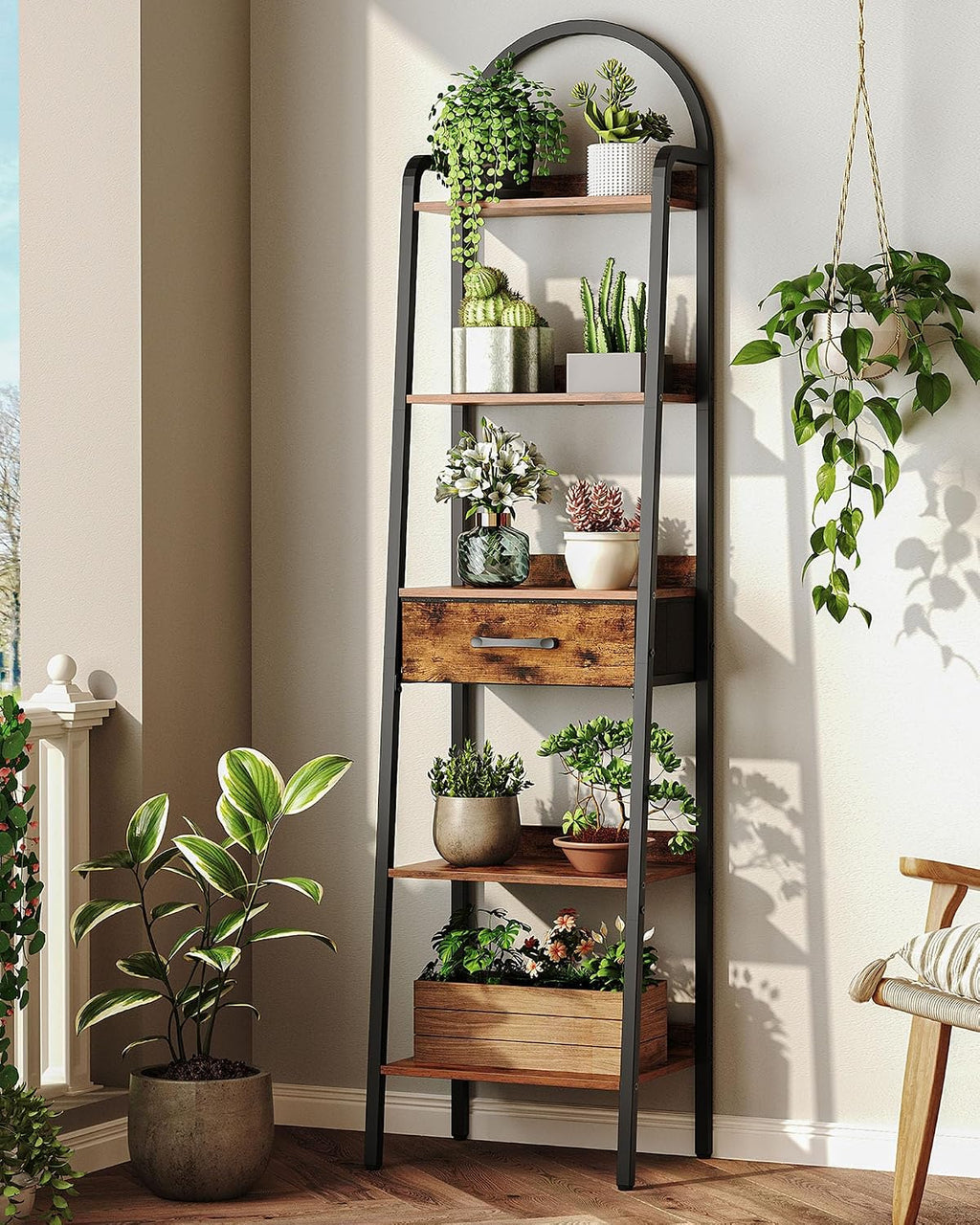 CHOEZON 5 Tier Ladder Shelf with Drawer, Tall Ladder Bookshelf, Standing Bookcase with Metal Frame for Living Room, Bathroom, Home Office, Study, Balcony, Rustic Brown and Black TCJ07BF