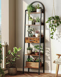 CHOEZON 5 Tier Ladder Shelf with Drawer, Tall Ladder Bookshelf, Standing Bookcase with Metal Frame for Living Room, Bathroom, Home Office, Study, Balcony, Rustic Brown and Black TCJ07BF