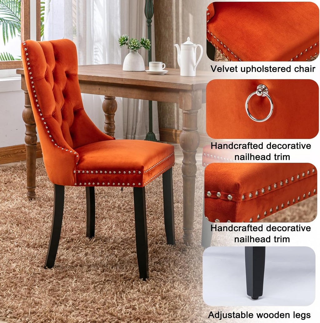 60" Black Glass Dining Room Table Set for 6, 7-Piece Modern Rectangular Kitchen Dining Table Set with Cross Chrome Metal Legs & 6 Orange Velvet Upholstered Chairs, Kitchen Table and Chairs Set