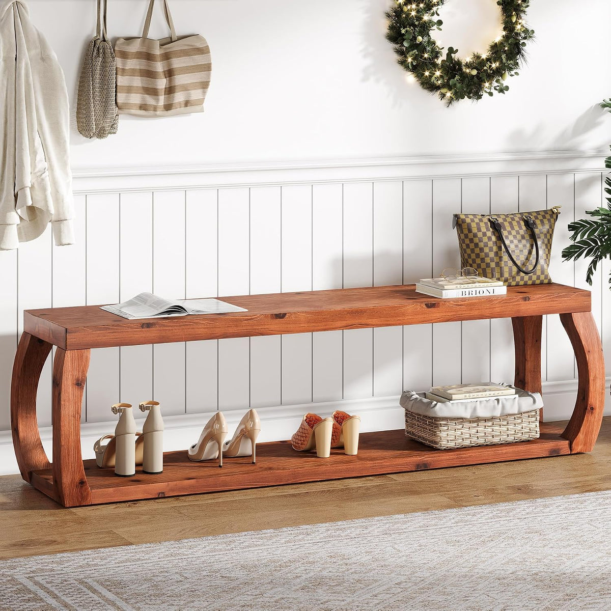 2-Tier Solid Wood Entryway Bench, 59" Long Farmhouse End of Bed Bench with Open Shelves, Rustic Shoe Storage Wooden Seating for Entry, Kitchen, Living Room, Bedroom, Hallway (Rustic Brown)