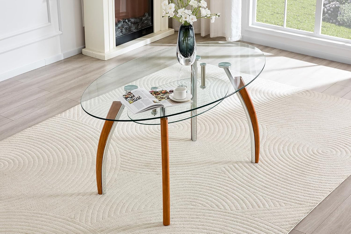 62.87" Glass Dining Table for 4-6, Modern Oval Dining Room Table with 0.39" Tempered Glass Top and Storage Shelf, Kitchen Dinner Table with Silver Electroplated Metal & Solid Rubber Wood Legs