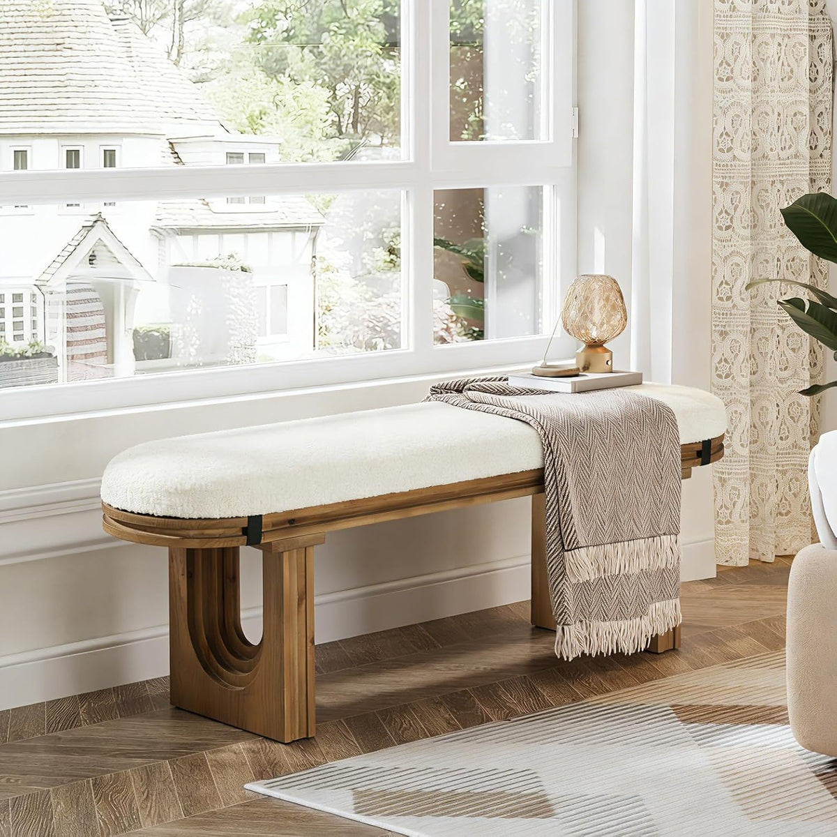 LITTLE TREE Solid Wood Bench, 47.24" End of Bed Bench, Entryway Bench with Upholstered for Hallway, Living Room, Bedroom, Kitchen