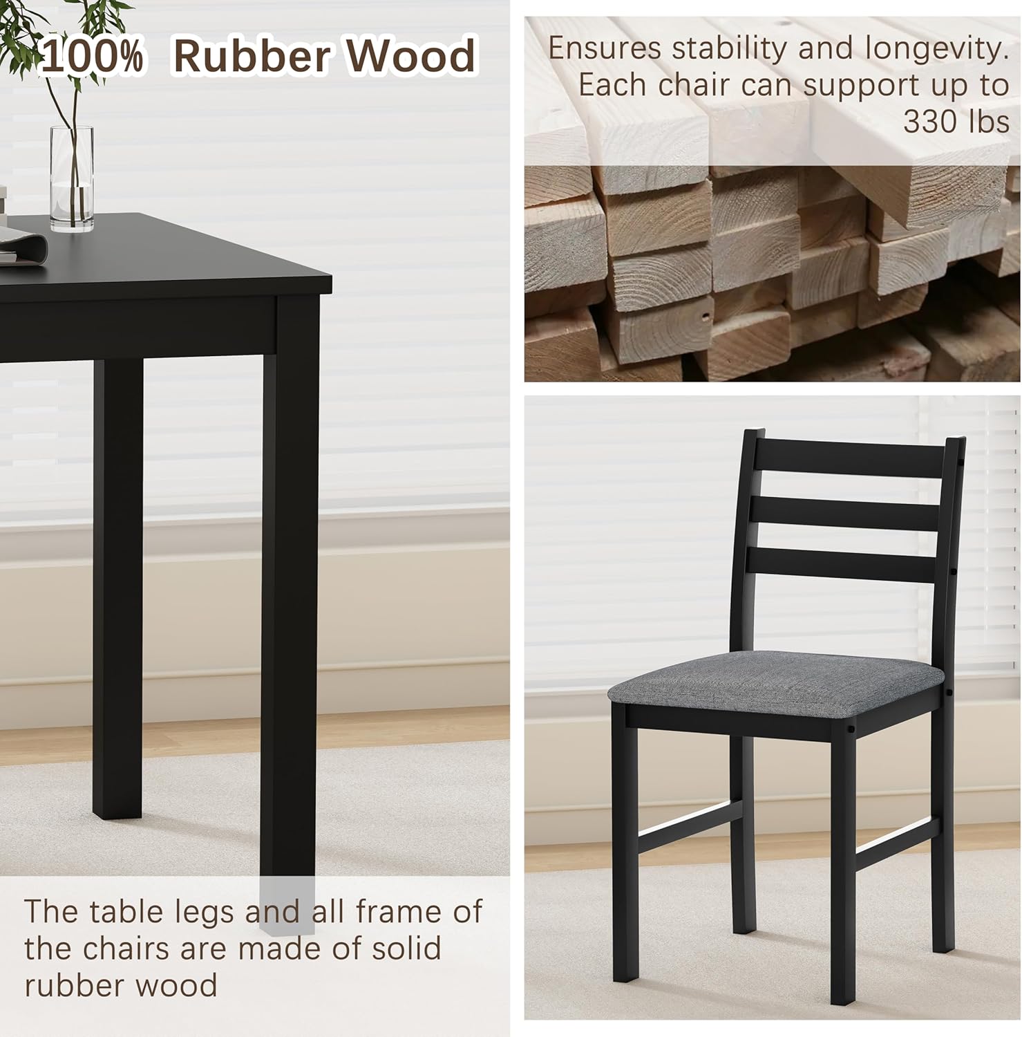 WiberWi Dining Table Set for 4, Solid Wood Kitchen Table and Chairs Set of 4, 43.3” Space-Saving Mid Century Modern Dining Room Table with Upholstered Chairs, Black