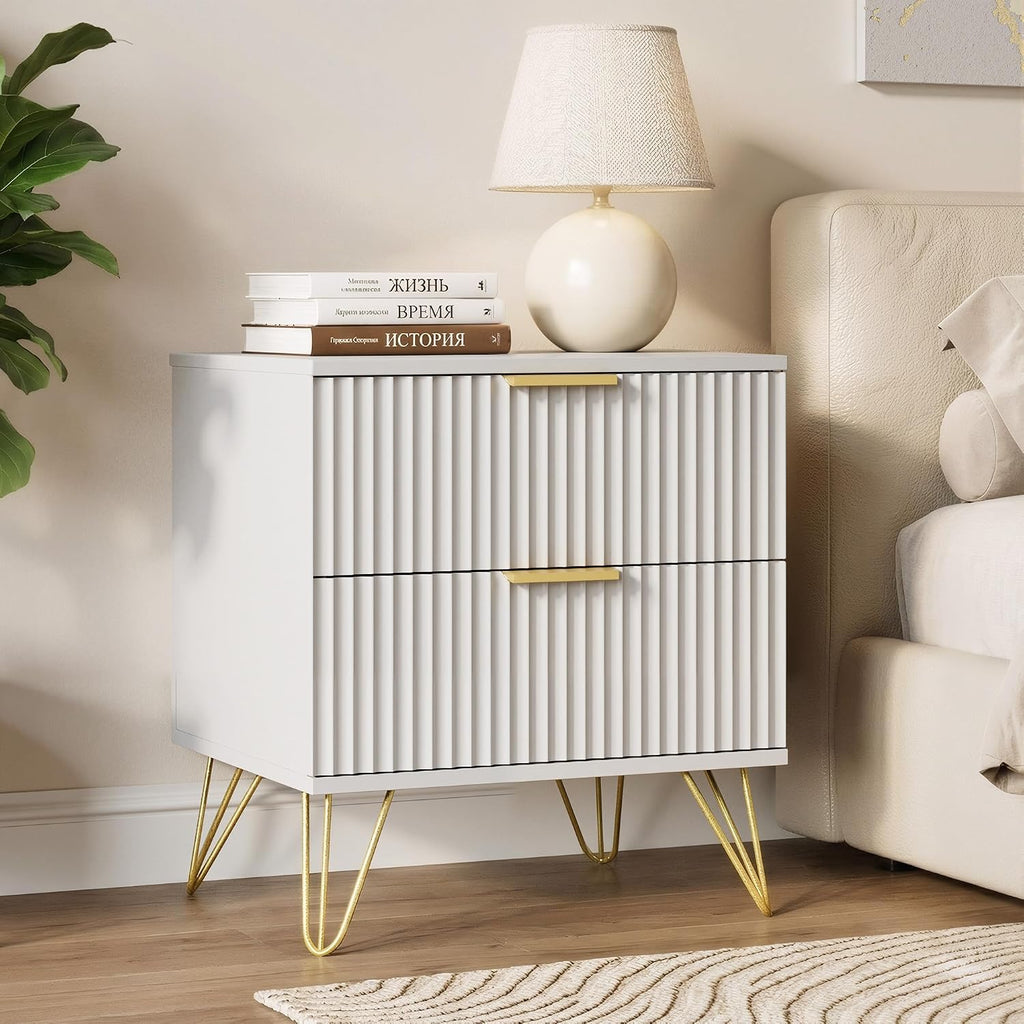 White Fluted Nightstand Set of 2, Modern Bedside Table with 2 Drawers and Gold Legs, 19.7’’ Night Stand Wood End Table for Bedroom