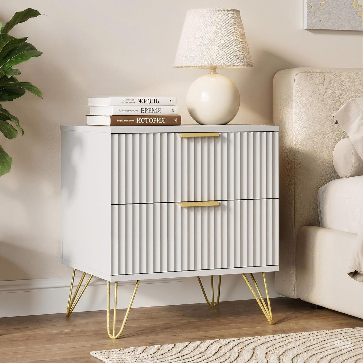 White Fluted Nightstand Set of 2, Modern Bedside Table with 2 Drawers and Gold Legs, 19.7’’ Night Stand Wood End Table for Bedroom