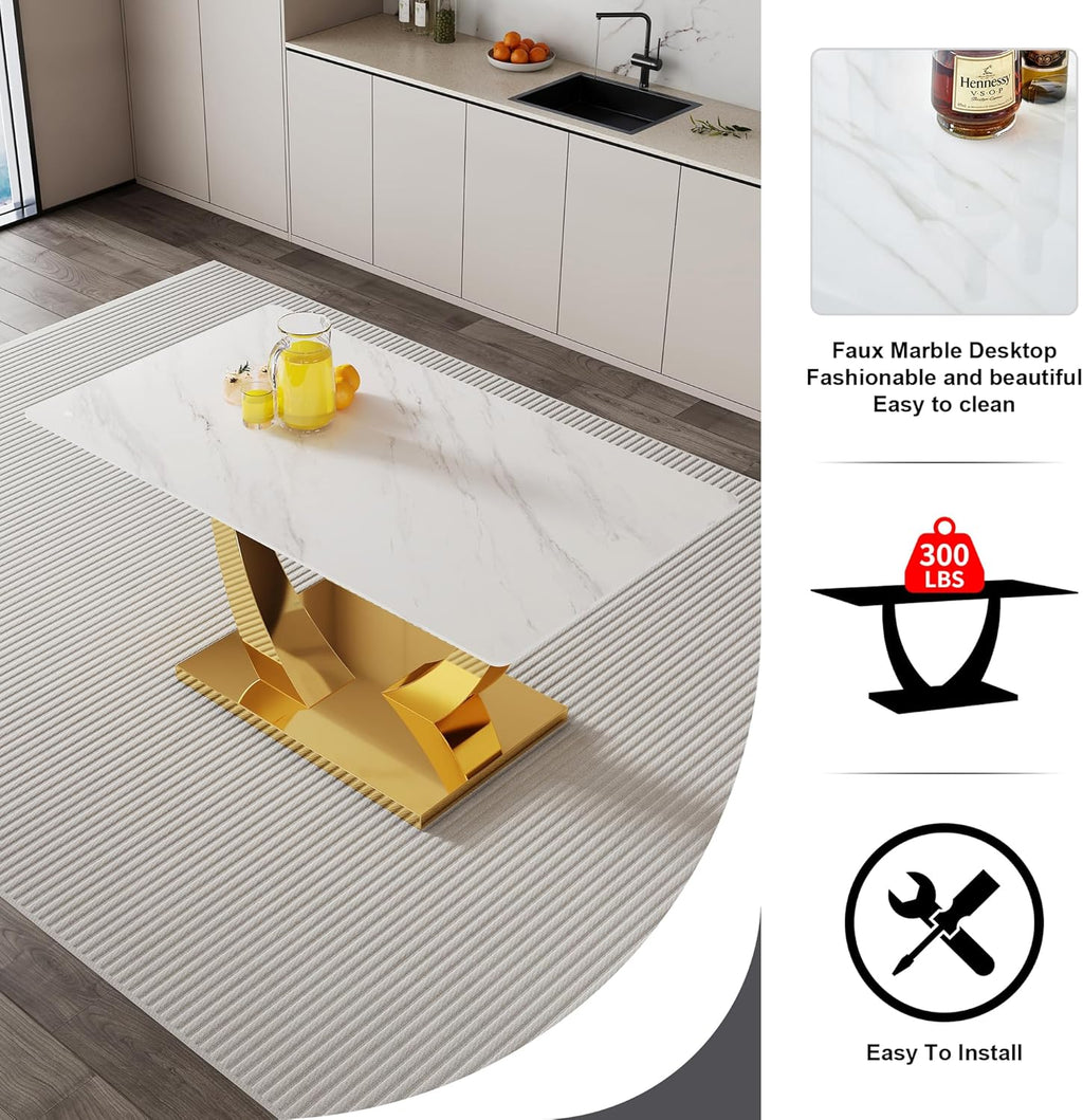 White and Gold Dining Table Set for 4, Faux Marble Dining Room Table Set for 4,63'' Rectangular Tempered Glass Top Kitchen Table Set and 4 Chairs for Dining Room Kitchen