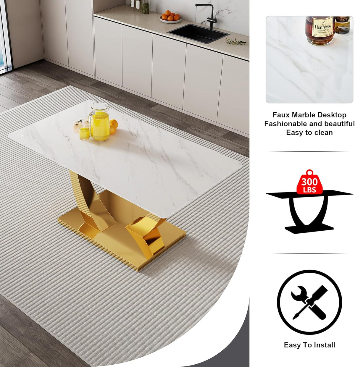 White and Gold Dining Table Set for 4, Faux Marble Dining Room Table Set for 4,63'' Rectangular Tempered Glass Top Kitchen Table Set and 4 Chairs for Dining Room Kitchen