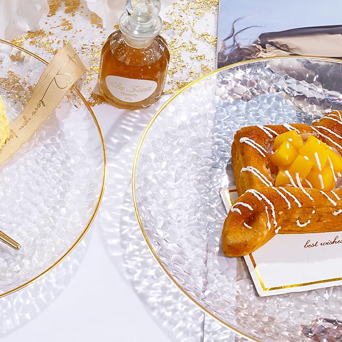 Rubtlamp 60 Pieces Gold Plastic Plates - 10 inch Clear Dinner Plates - Hammer Pattern Design - Fancy Clear and Gold Disposable Plates For All Occasions