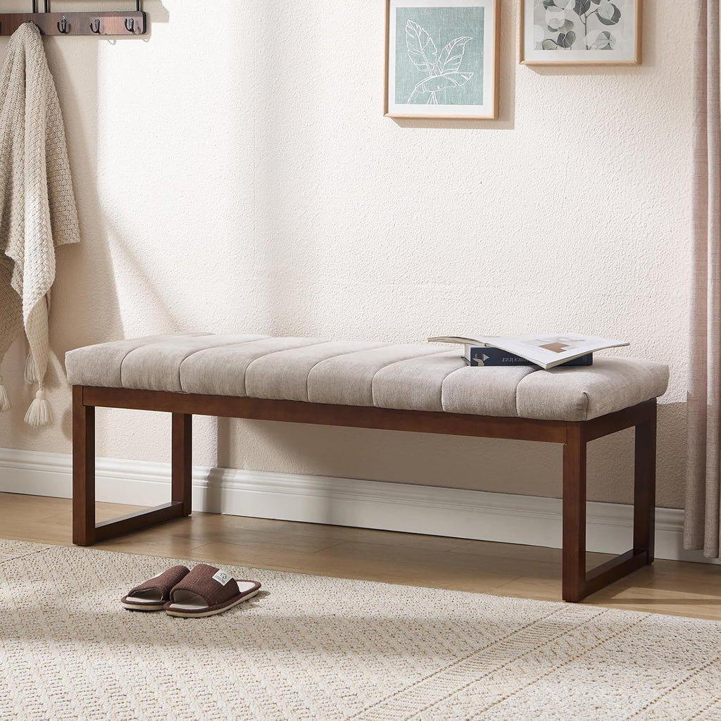 Bedroom Bench for End of Bed, 53.2" Modern Upholstered Chenille Fabric Entryway Bench & Window Bench, Footrest Stool Bench with Solid Wood Frame for Bedroom Living Room, Camel