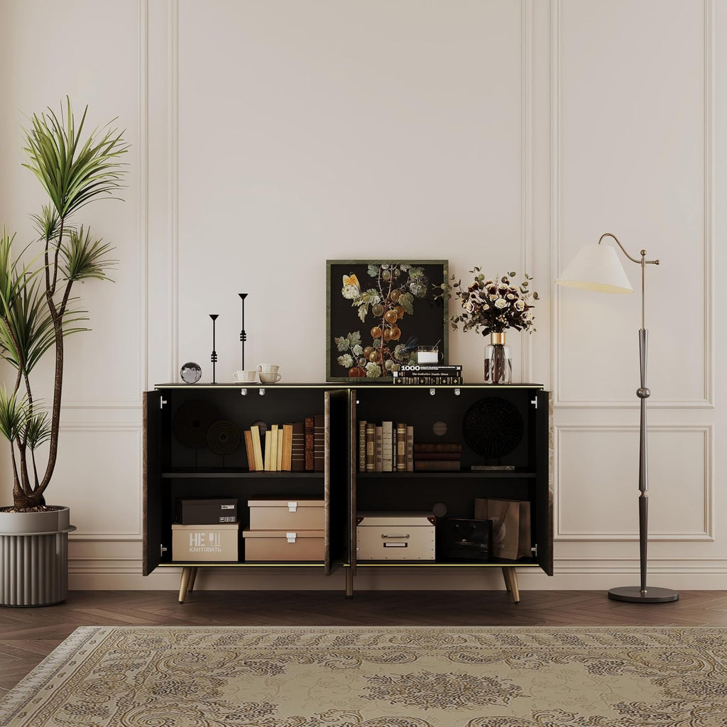 Sideboard Buffet Cabinet with Raised Shaped & Geometric Line Texture Door Panel, Accent Storage Cabinet for Living Room (Cabinet Body- Black Oak, 4 Door-15 D x 61" W x 34.5" H)