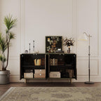 Sideboard Buffet Cabinet with Raised Shaped & Geometric Line Texture Door Panel, Accent Storage Cabinet for Living Room (Cabinet Body- Black Oak, 4 Door-15 D x 61" W x 34.5" H)