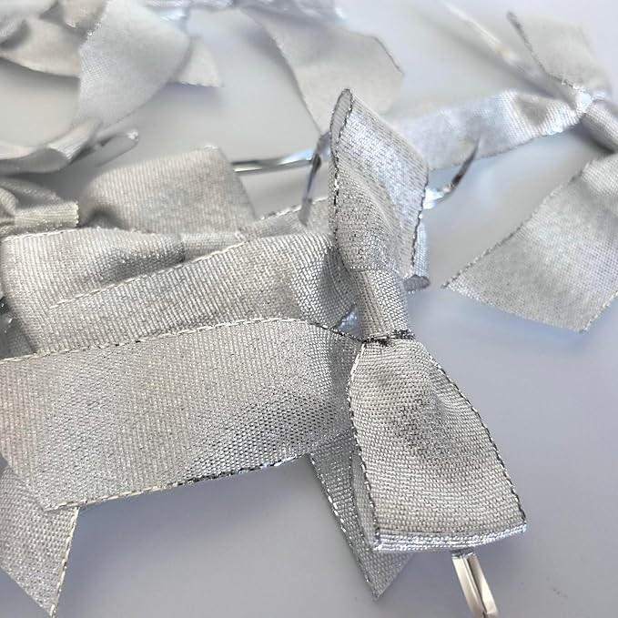 50pcs 3-1/2" Metallic Silver Glitter Ribbon Bows with Twist Ties for Gift Wrapping Packing Christmas Big Bows for Holiday Decoration (Silver)