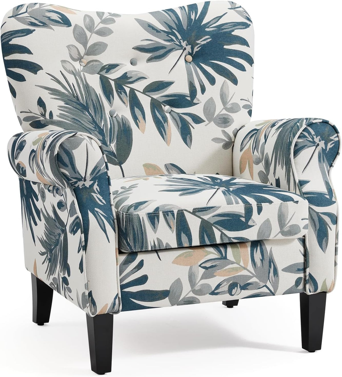 YOLENY Modern Accent Chair,High Back Armchair,Upholstered Fabric Button Single Sofa with Wooden Legs for Living Room,Bedroom,Blue Leaves