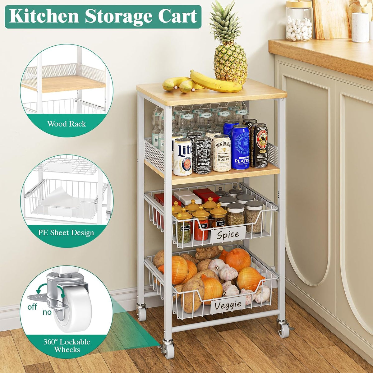 Giwil Vegetable Fruit Basket for Kitchen Pantry Organizers Storage, 4-Tier Utility Rolling Cart on Wheels with Wood Rack and Drawer Wire Baskets for Onions Potatoes Snacks, White
